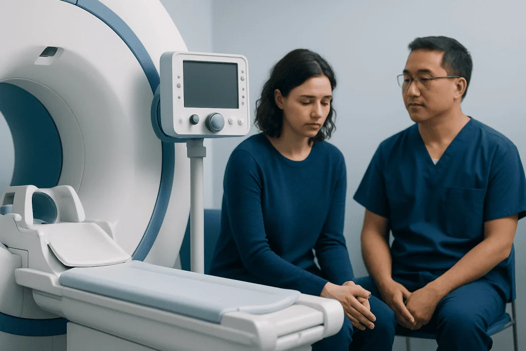 Patient and doctor in a medical imaging room with MRI scanner.