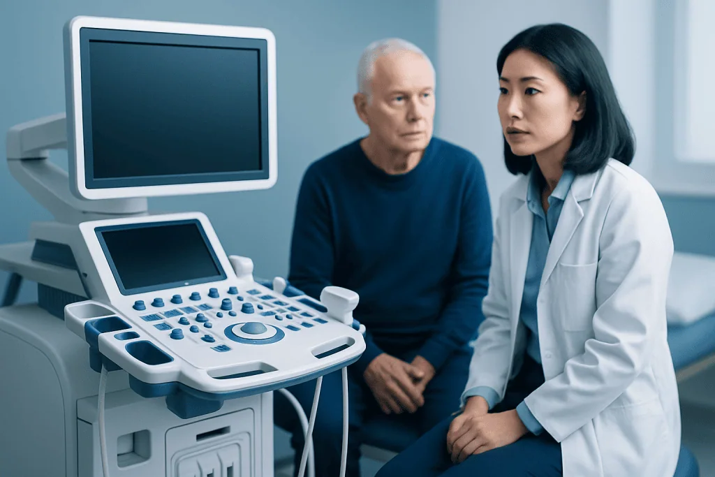 Doctor consulting with elderly patient using ultrasound machine in clinic.
