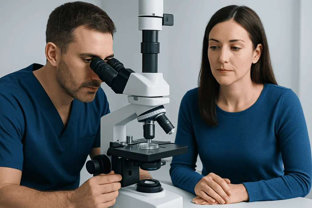 Medical professionals examining a sample through a microscope at Acibadem Hospitals.