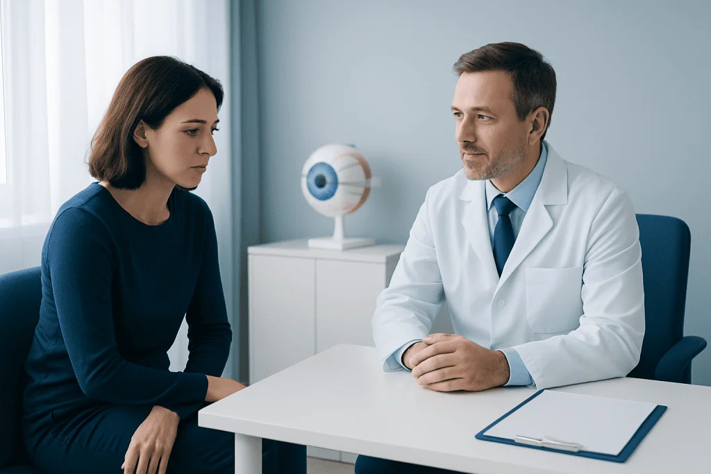 Doctor consulting with a female patient in a medical office setting.