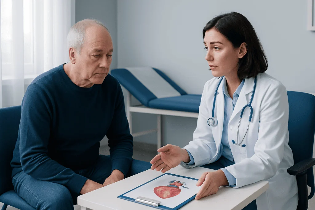 Doctor explaining heart health to elderly patient in clinic.