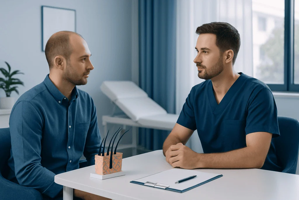 Doctor consulting with patient in a medical office setting.