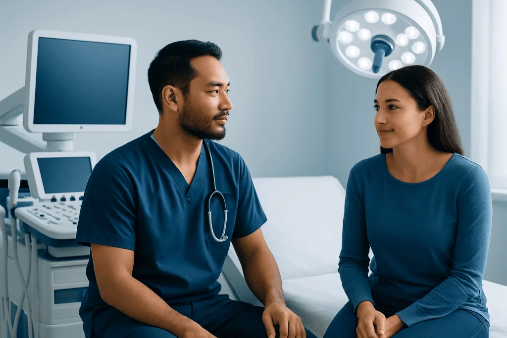 Doctor consulting with a patient in a hospital room.