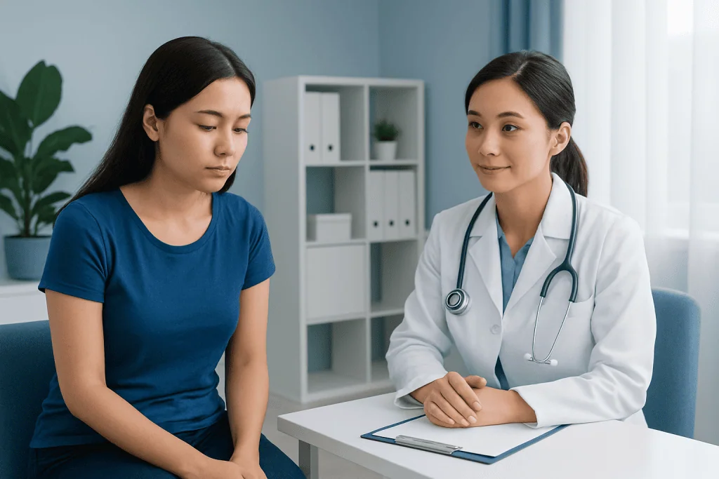 Doctor consulting with a woman patient about health concerns in a clinic setting.