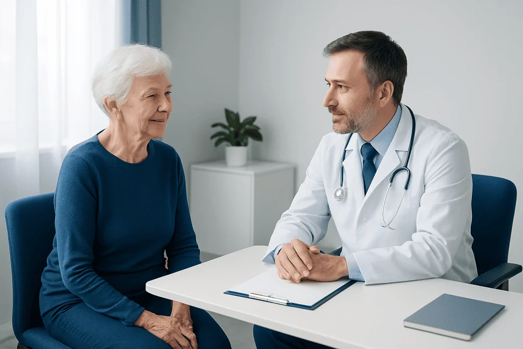 Doctor consulting with elderly woman in a medical office.