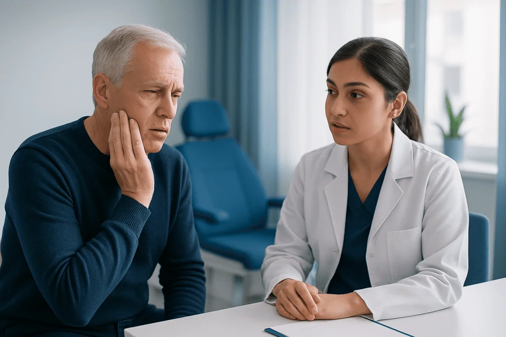 Doctor consulting with an elderly male patient about dental health.