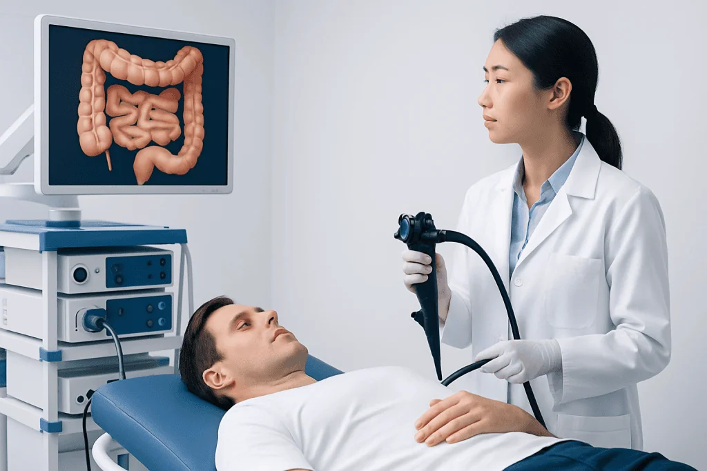 Doctor performing a colonoscopy on a patient in a medical clinic.
