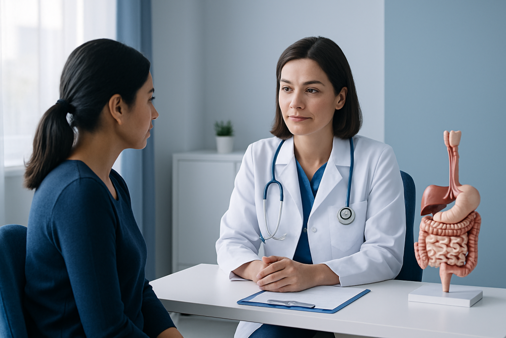 Doctor consulting patient about digestive health with model of human intestines.
