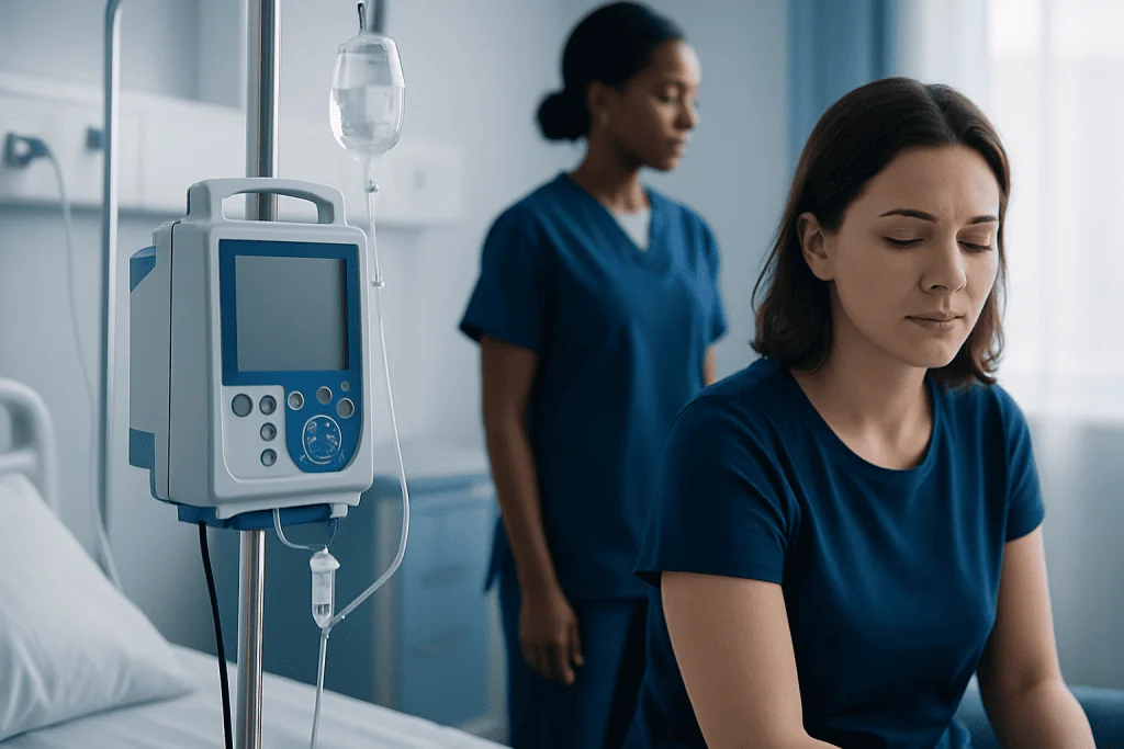 Patient in hospital bed with IV drip and medical staff in background.