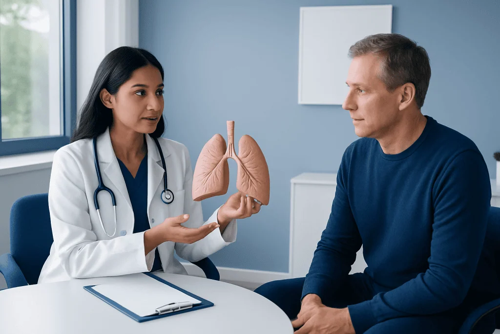 Doctor explaining lung health to patient with lung model in clinic.