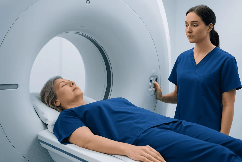 Patient undergoing MRI scan at a modern imaging center.