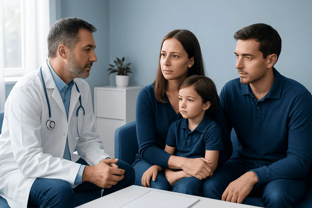 Doctor consulting with a family in a medical office setting.