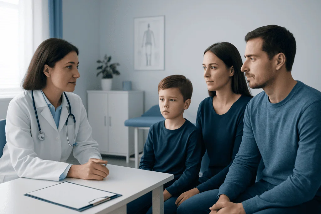 Doctor consulting with a family in a hospital room for child's health.