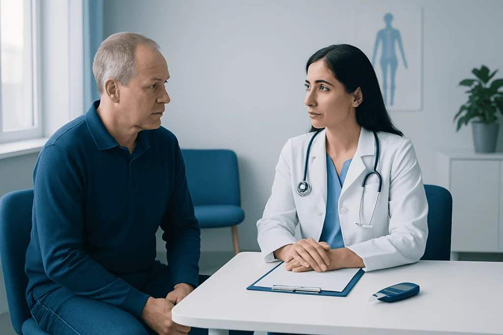 Doctor consulting with an elderly male patient in a medical office.