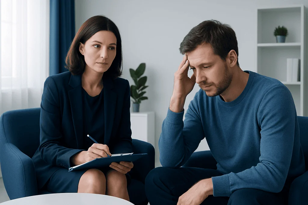 Therapist and patient discussing mental health concerns in a counseling session.