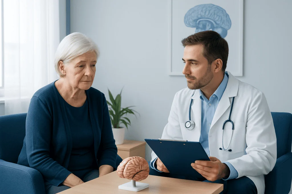 Geriatric neurology consultation with elderly woman and doctor in clinic.