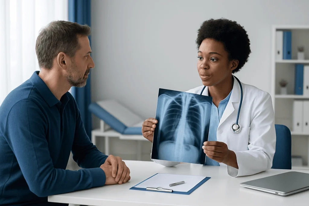 Doctor explaining chest X-ray results to a patient in a medical consultation.