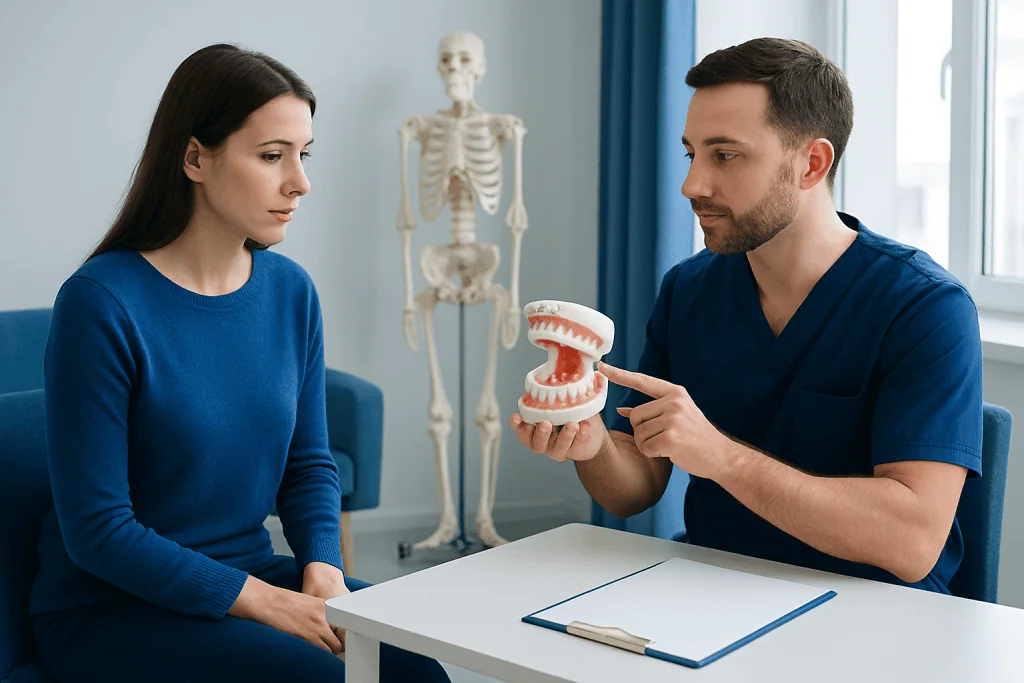 Dentist explaining jaw alignment with dental model to patient in clinic.