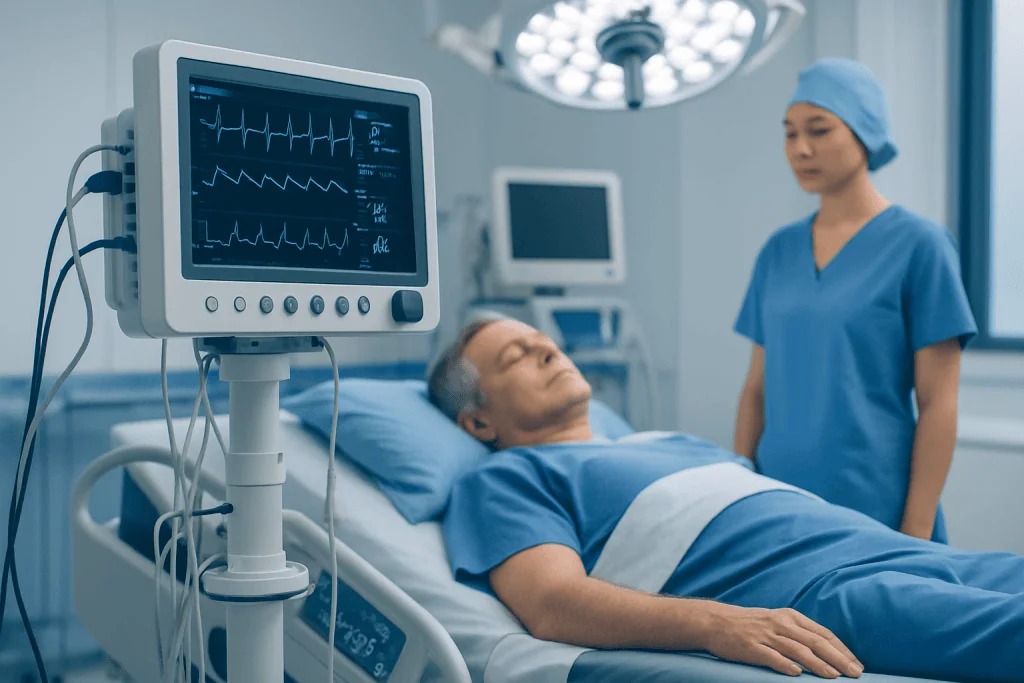 Patient in hospital bed with medical monitor and healthcare professional nearby.