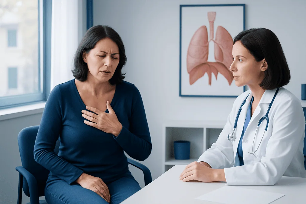 Doctor examining woman with chest pain in a medical office.