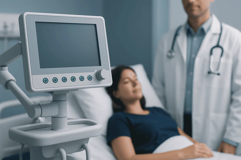 Medical professional monitoring patient in hospital room with medical equipment.