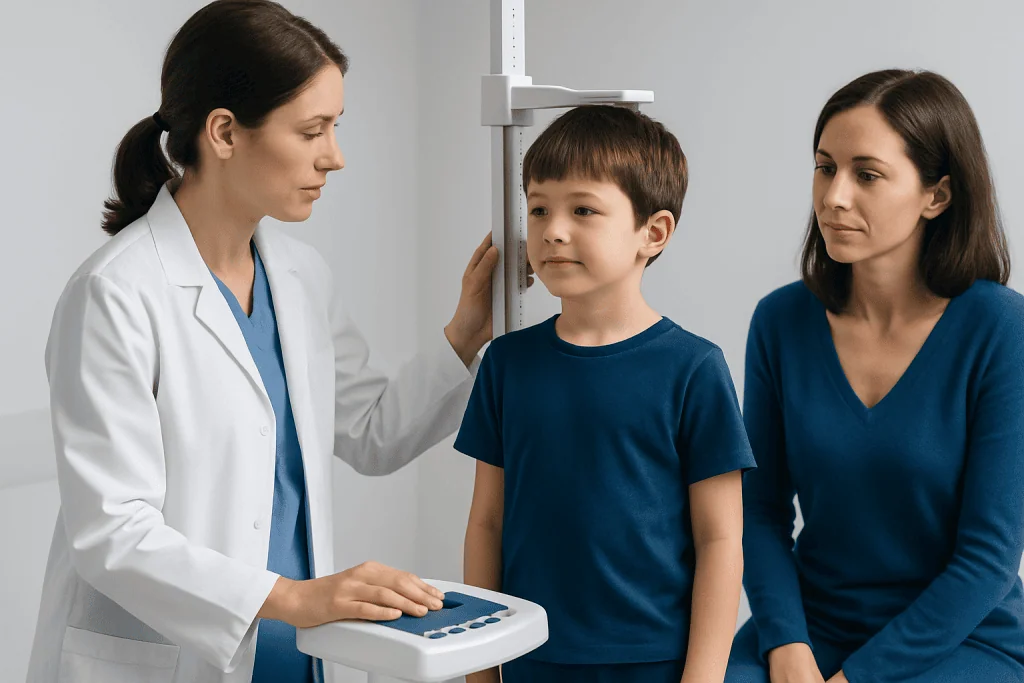 Child undergoing medical evaluation at Acibadem Hospital with doctor and mother present.