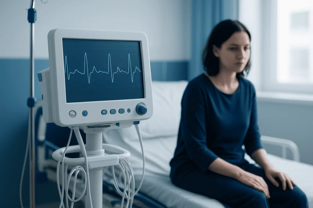 Young woman in hospital bed with heart monitor in the background.