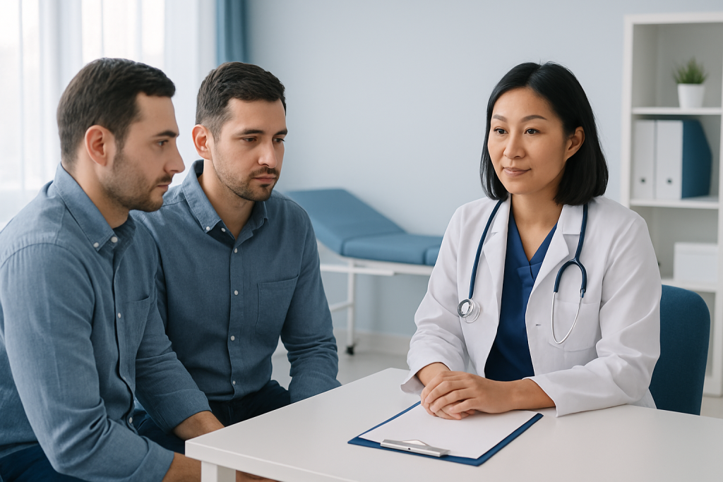 Doctor discussing fertility options with two male patients in a clinic.