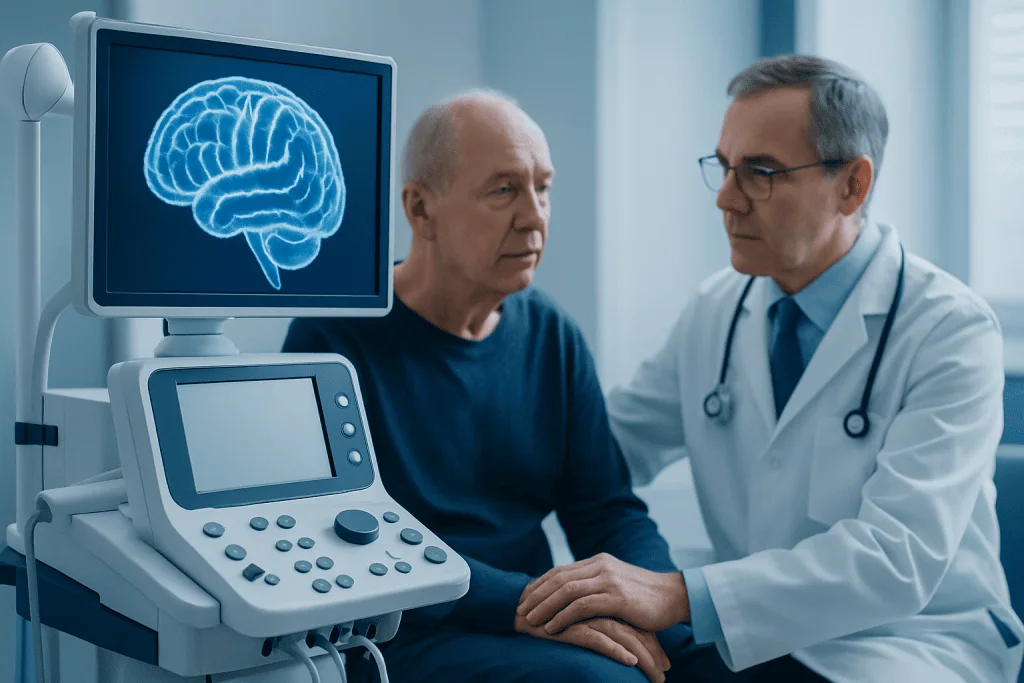 Doctor consulting with elderly patient about cognitive health in hospital.