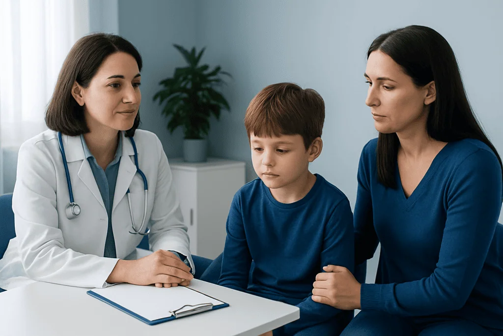 Doctor consulting with a mother and child about neuropsychological assessment.