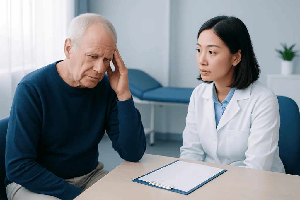 Older man consulting with a doctor about memory issues in a clinical setting.