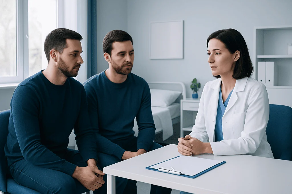 Doctor consulting with two male patients in a medical office.