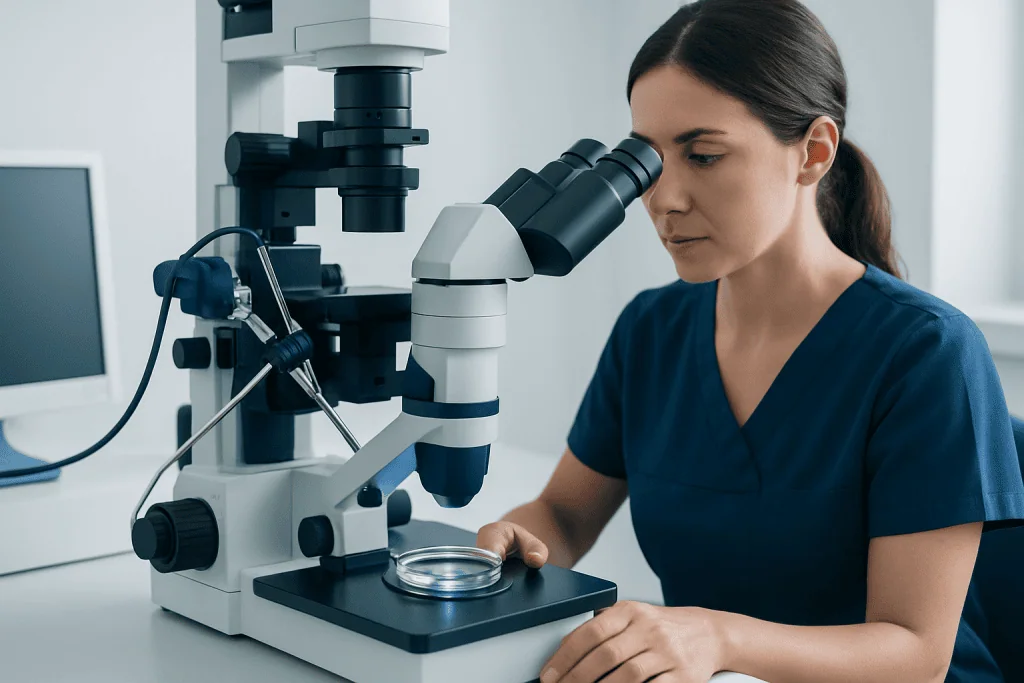 Female scientist examining samples with a microscope in a laboratory setting.