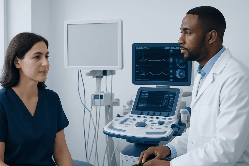 Doctor and patient discussing medical results in a hospital setting.