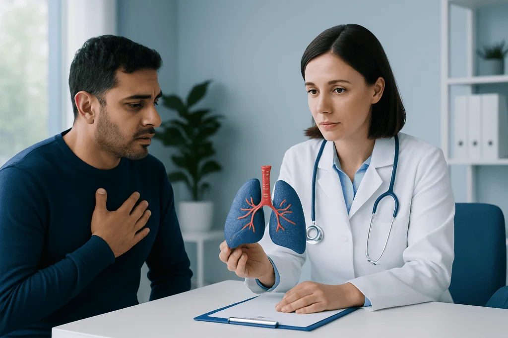 Doctor explaining lung health to patient with lung model in clinic.