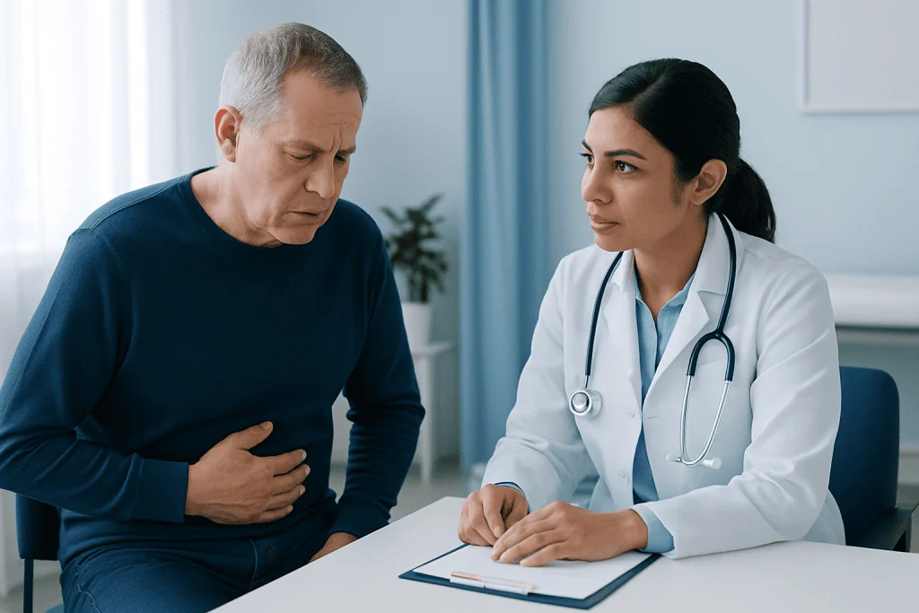 Doctor consulting with a male patient experiencing stomach pain.
