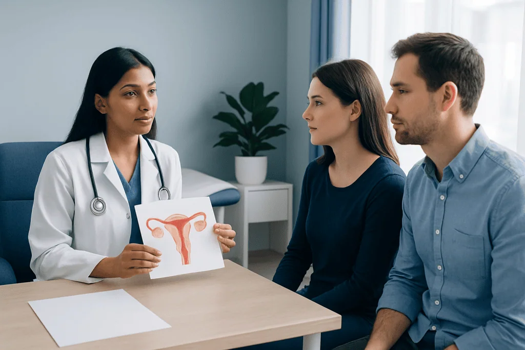 Doctor explaining fertility health to a couple with uterine diagram.