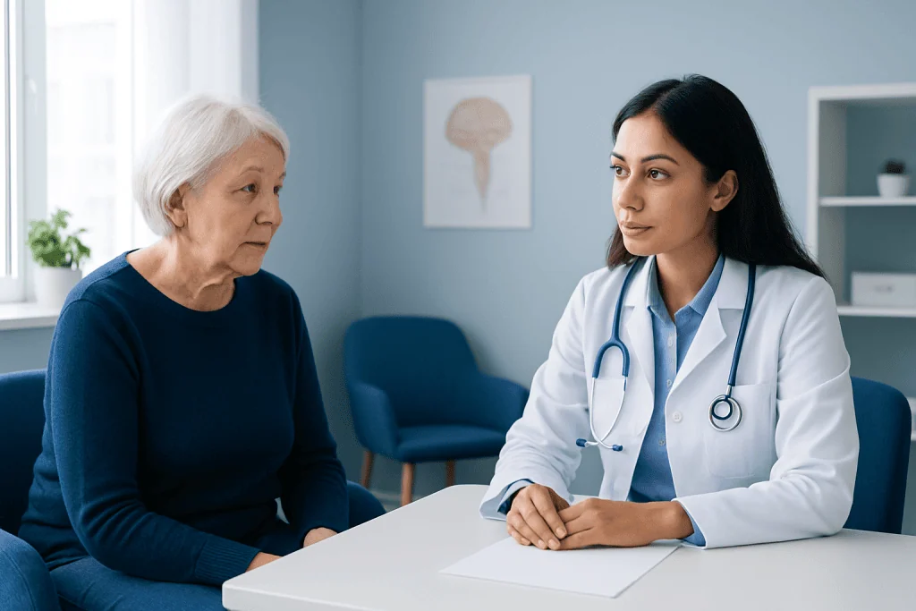 Doctor consulting with elderly woman in a medical office.
