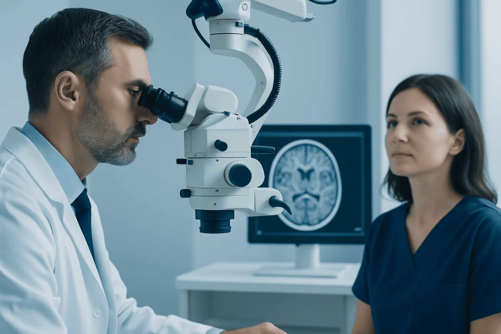 Neurologist examining a patient with a microscope in a medical office.