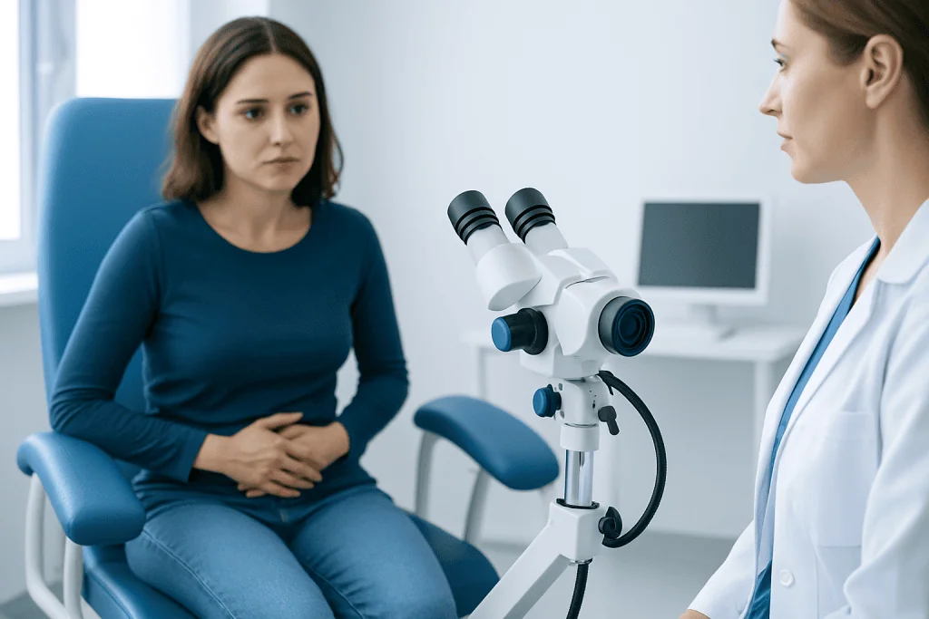 Gynecologist consulting with a patient in a medical office.