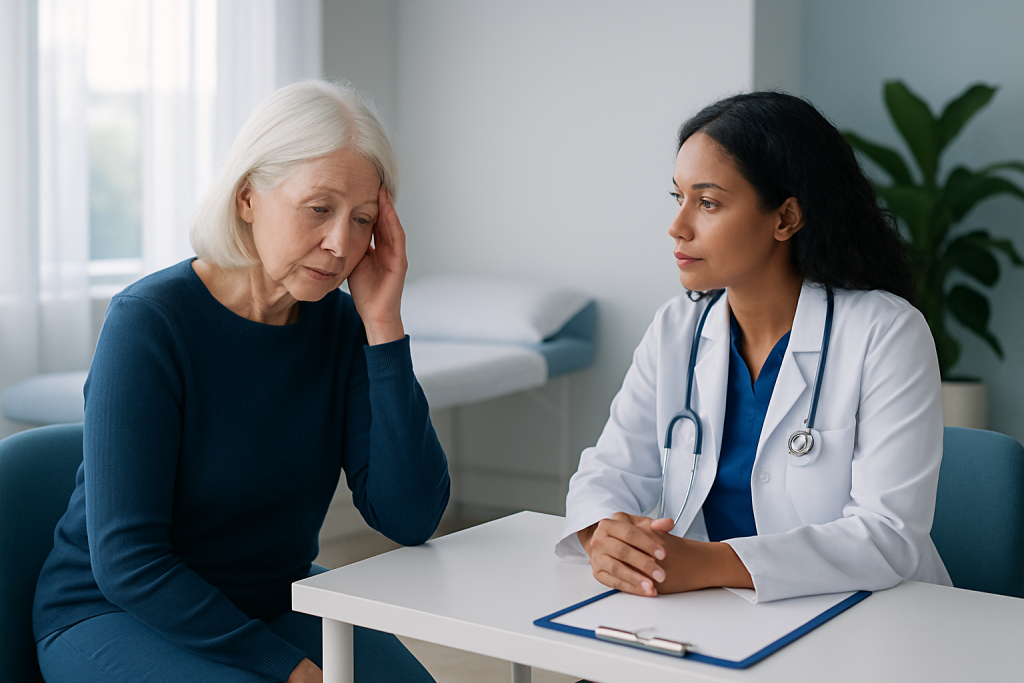 Geriatric patient consulting with a neurologist about memory concerns.