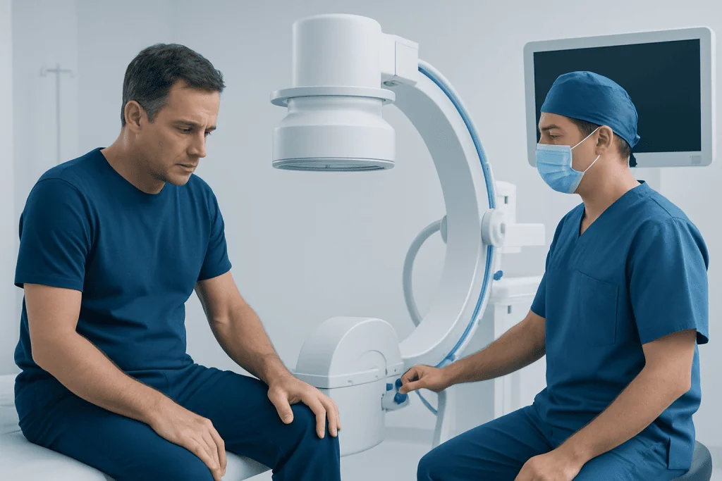 Patient consulting with doctor before orthopedic procedure at Acibadem Hospital.