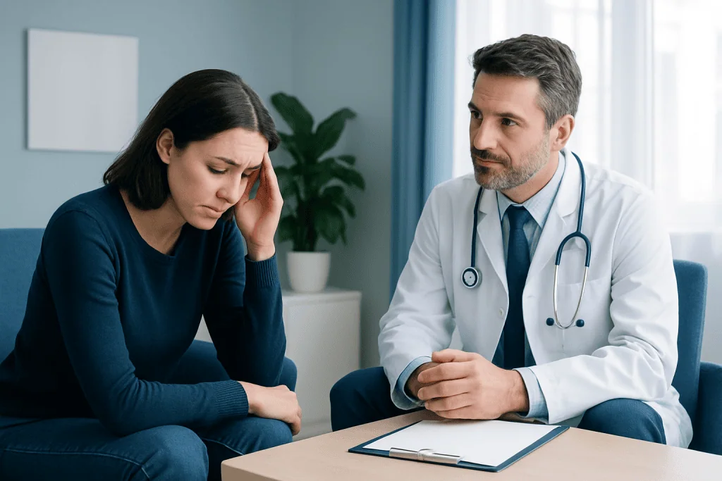 Woman distressed during mental health consultation with doctor.