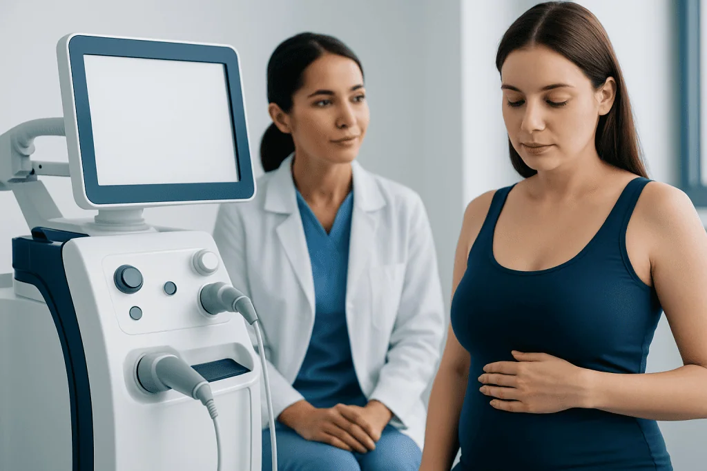 Medical consultation for breast health with ultrasound equipment at Acibadem Hospital.