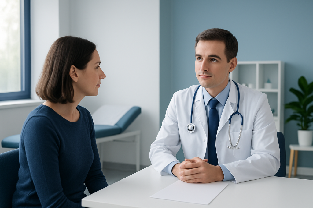 Doctor consulting a patient in a modern medical office setting.