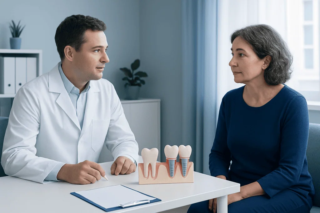 Dentist explaining dental implants to a patient in a clinic setting.