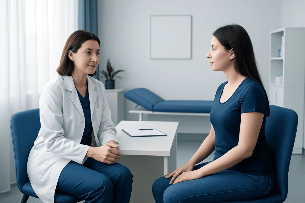 Doctor consulting with patient in a medical office setting.