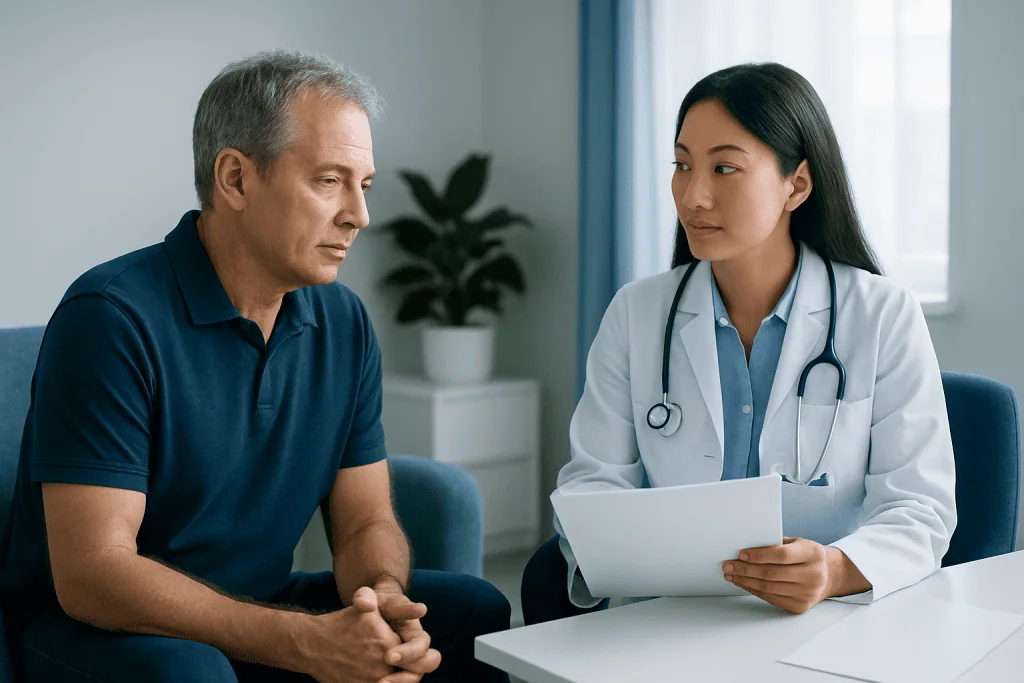 Doctor consulting with an older male patient in a medical office.