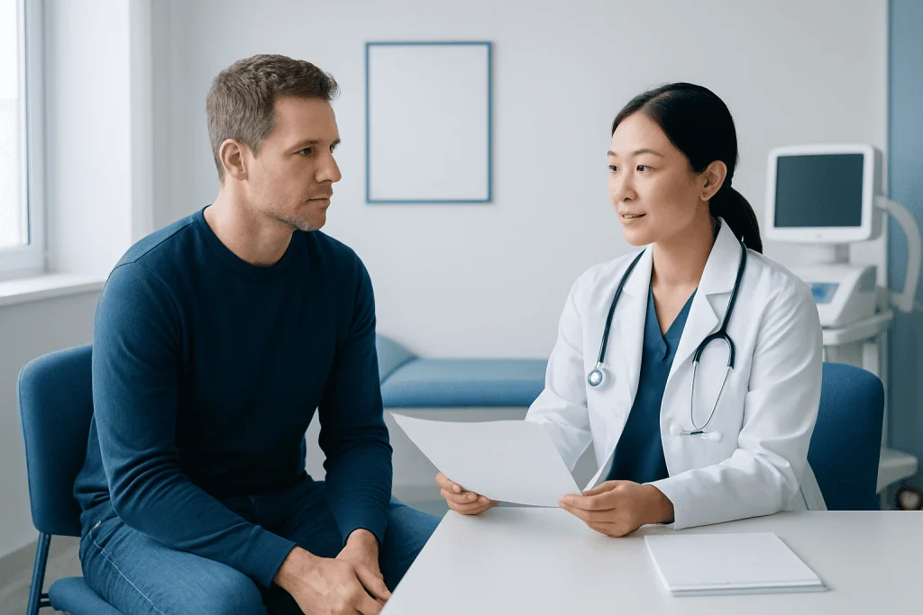 Doctor consulting with male patient in a modern medical office.