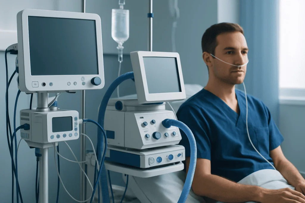 Patient in hospital bed connected to medical ventilator and monitors.